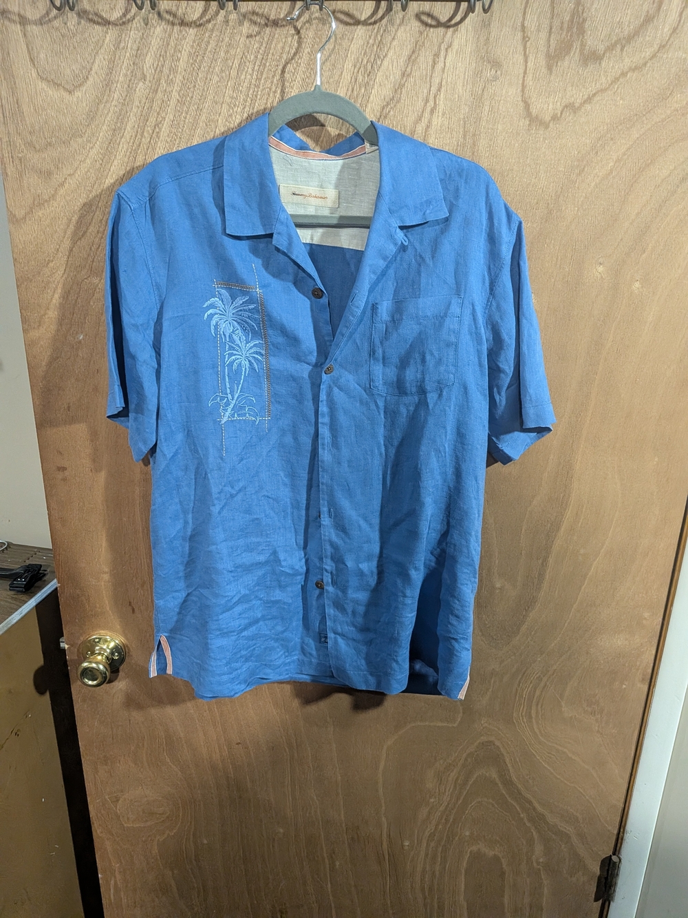 Tommy Bahama Blue Short-Sleeve Camp Shirt with Palm Embroidery